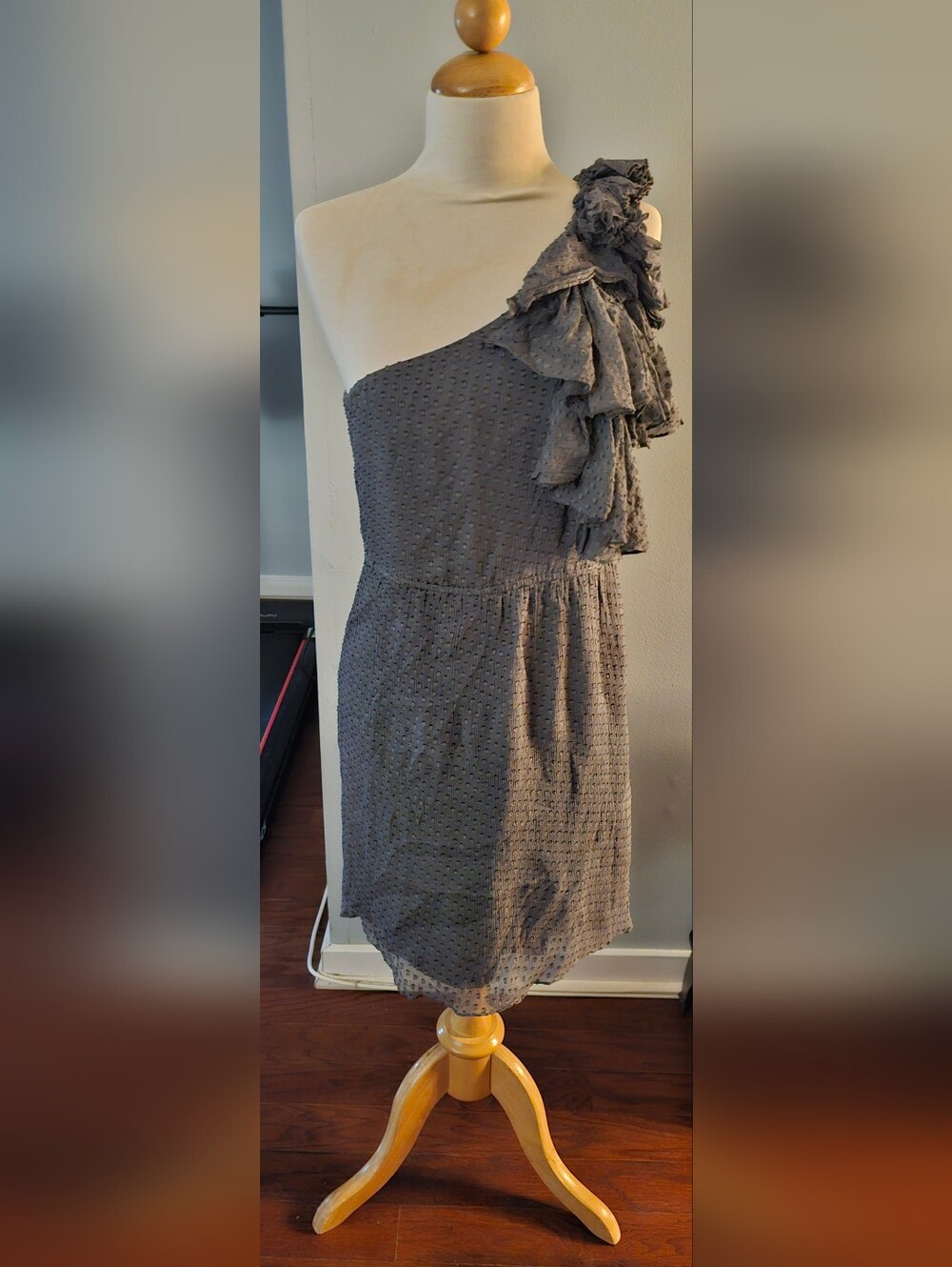 One-Shoulder Ruffle Swiss Dot Dress in Grey